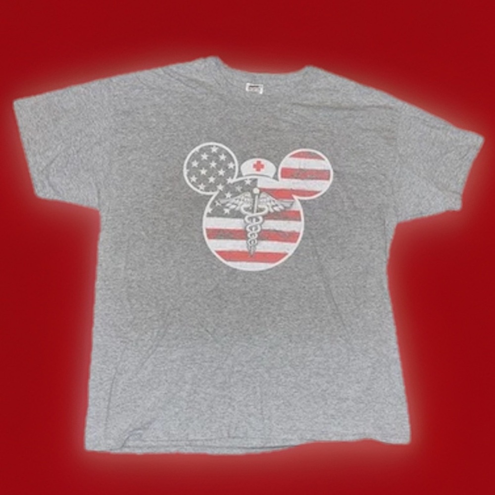 Disney Mickey Mouse Head W/Nurse-Themed, American Flag & A Caduceus Symbol TEE